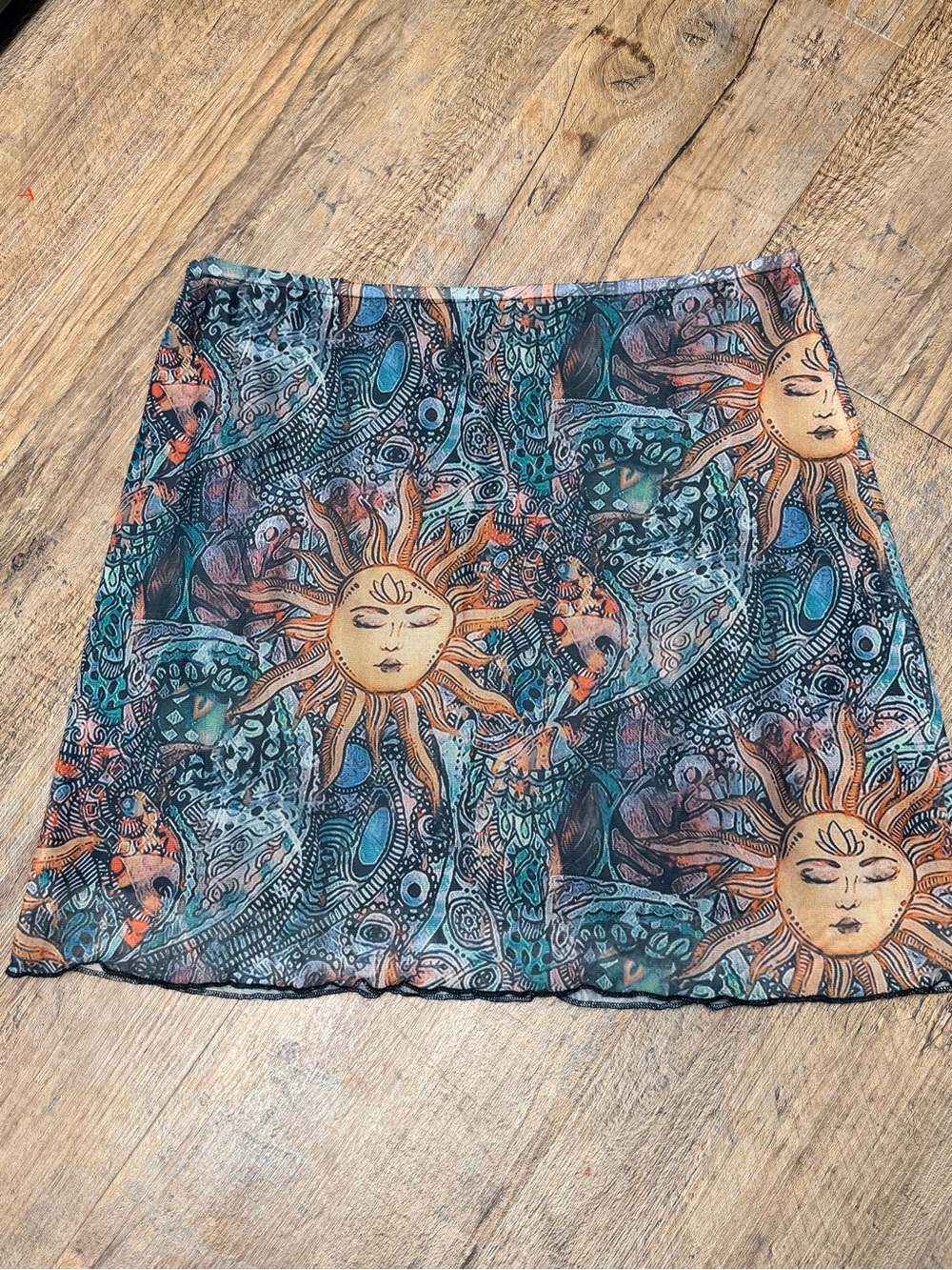 Sun Motif Bohemian mesh Mini Skirt - Teal & Orange size xl